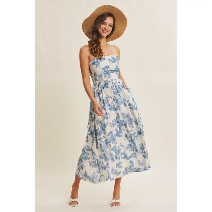 Dreamy Elegance Blue Floral Tube Dress