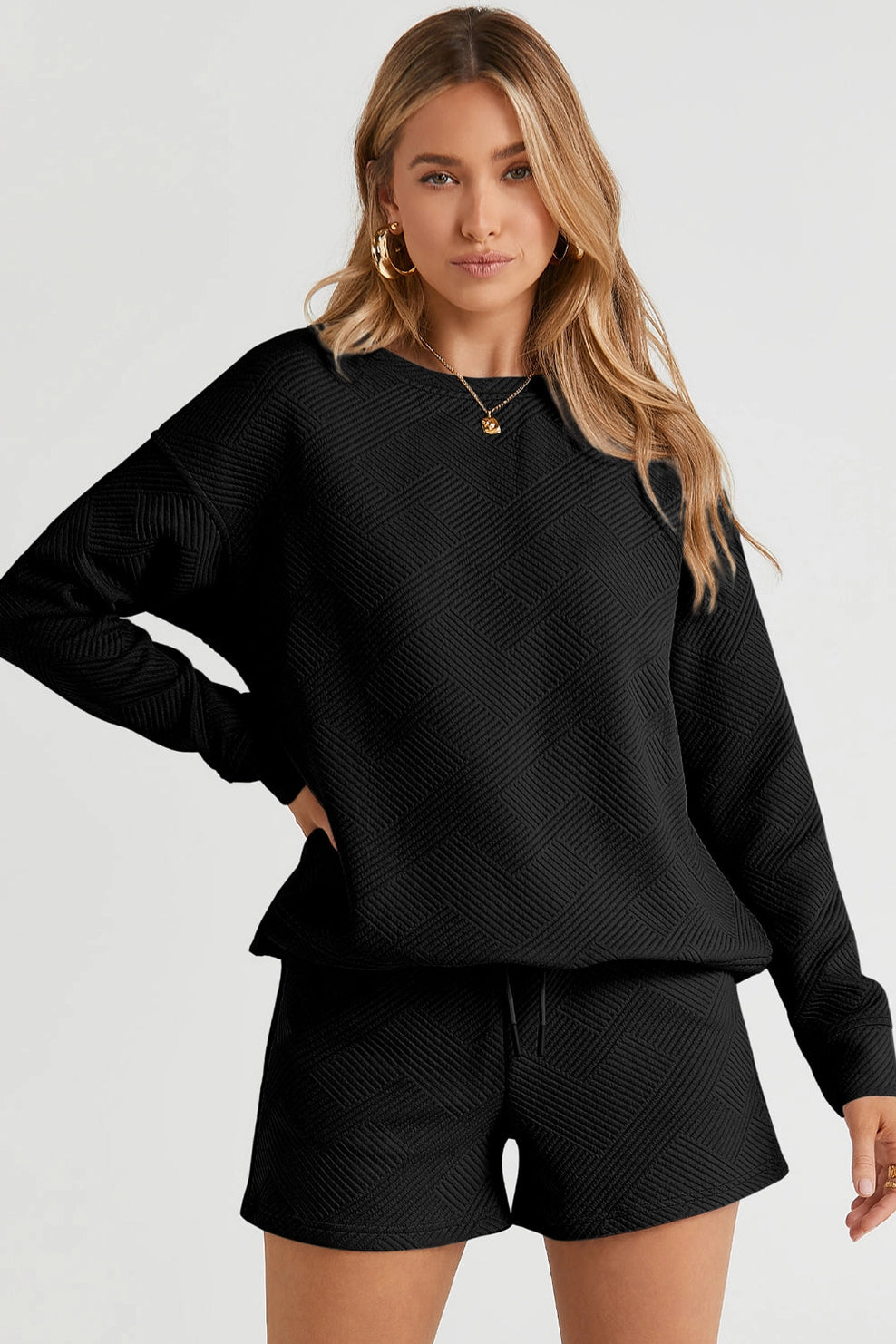Adalyn Textured Long Sleeve Top and Drawstring Shorts