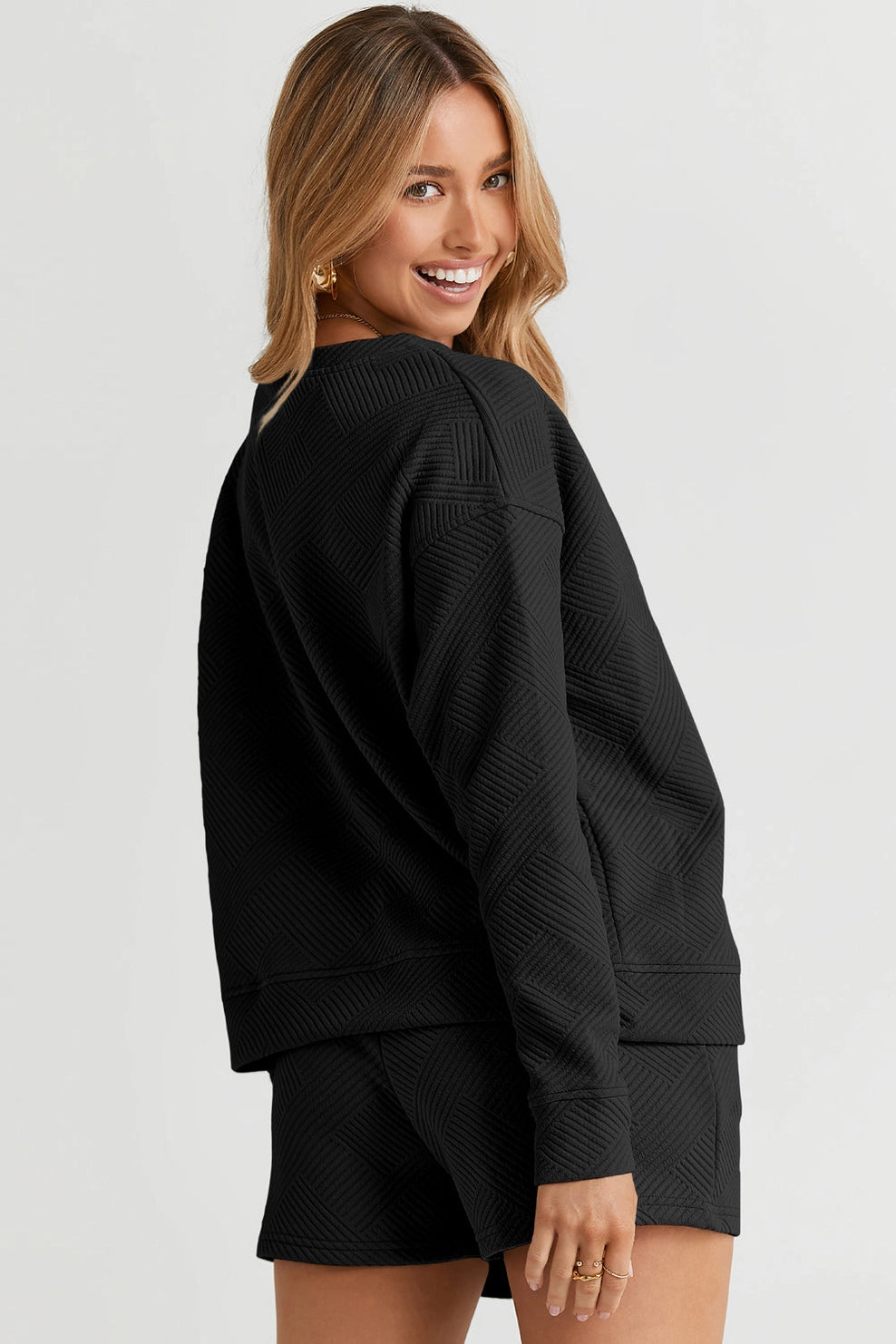 Adalyn Textured Long Sleeve Top and Drawstring Shorts