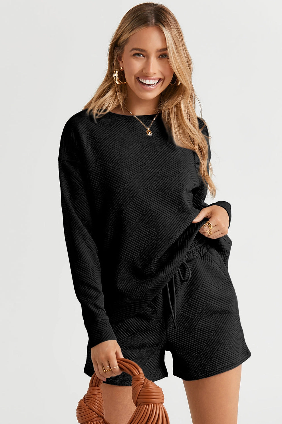 Adalyn Textured Long Sleeve Top and Drawstring Shorts