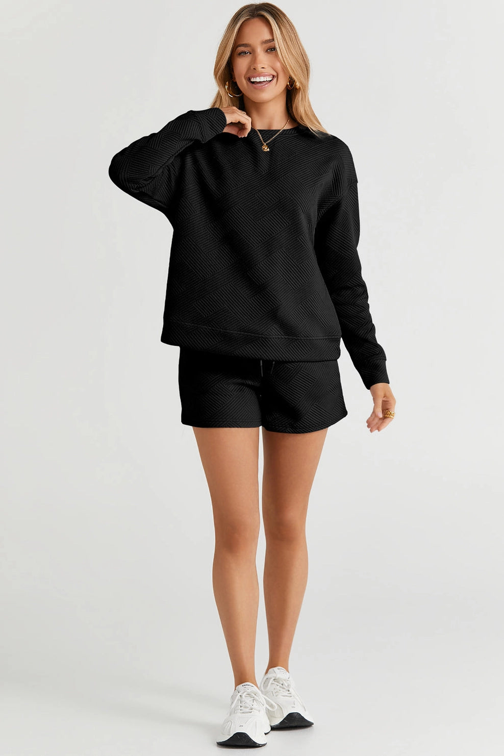 Adalyn Textured Long Sleeve Top and Drawstring Shorts
