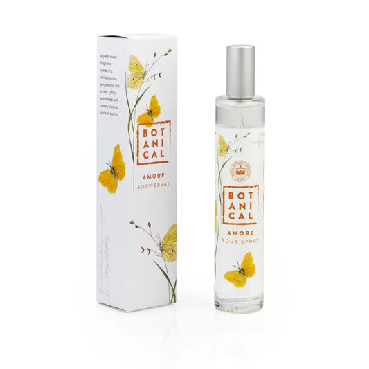 A clear spray bottle labeled 'BOTANICAL AMORE BODY SPRAY' alongside its white packaging box, both decorated with yellow flowers and butterfly illustrations.