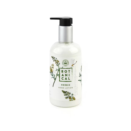 A pump bottle of Herbivore brand hand lotion with a label featuring botanical illustrations.