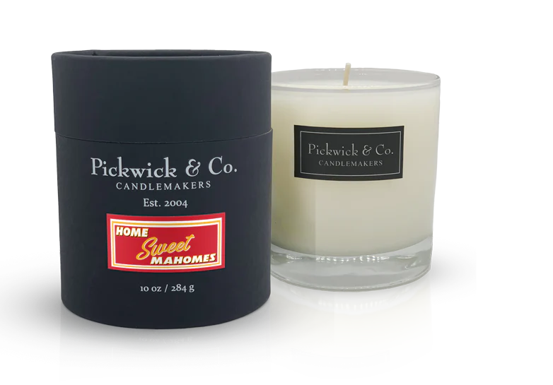 Mahomes Chiefs candle from Pickwick & Co., shows the black candle packaging and the candle itself with a clear glass and black label.