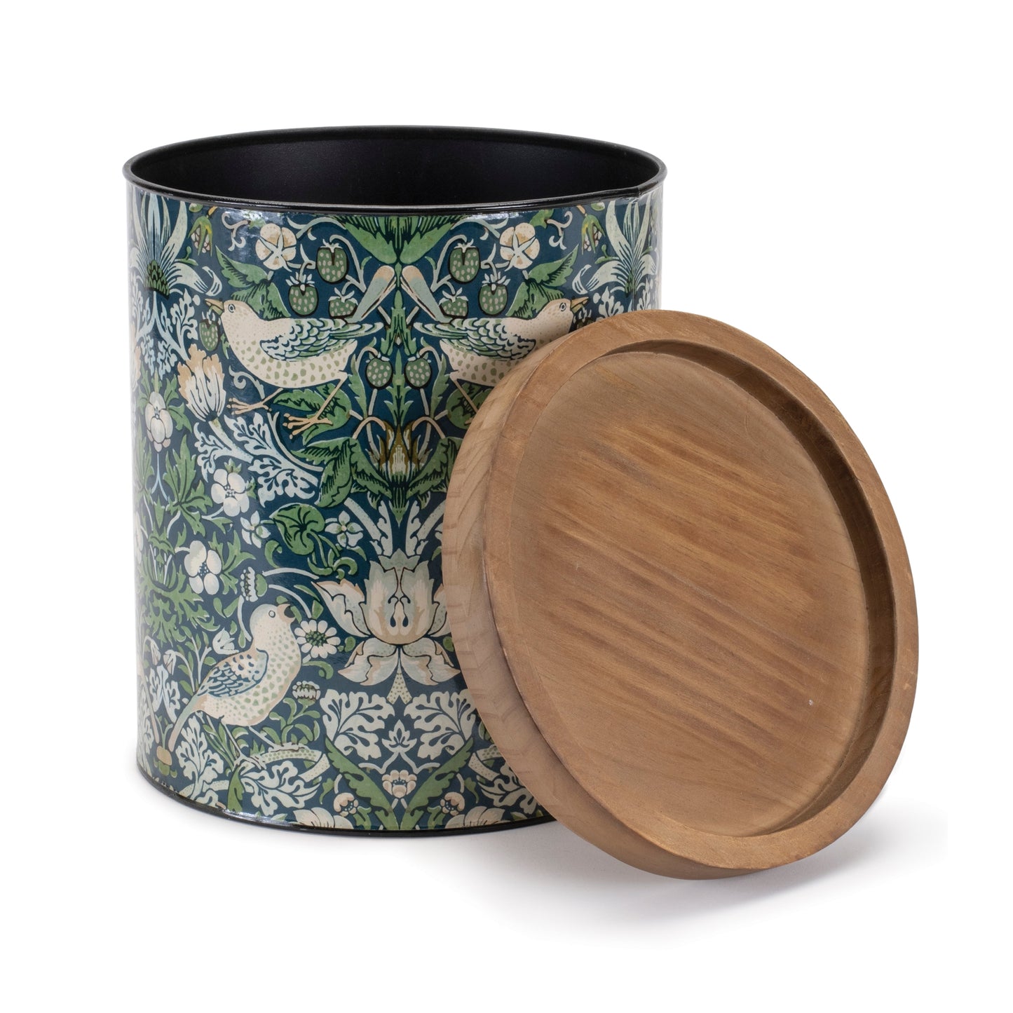 large floral and bird storage canister with wood lid for easy kitchen storage of dry good or utensil can be sat on kitchen counter with modern design.