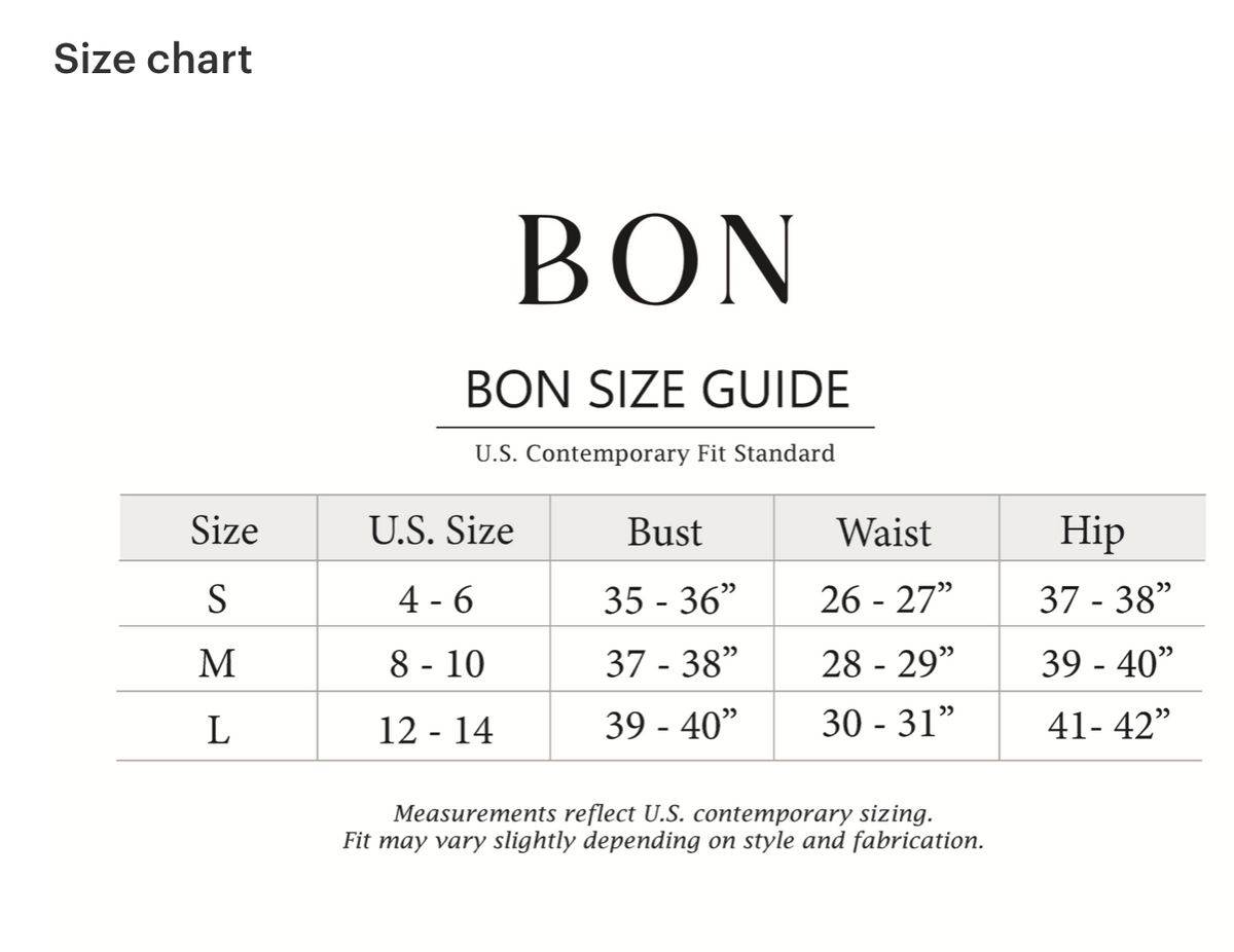 BON size guide chart listing U.S. sizes S, M, L with bust, waist, hip