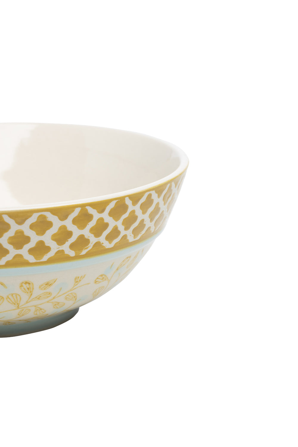 close up of stoneware bowl with hand stamped design in yellow and blue