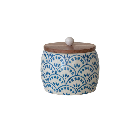 Hand Painted Stoneware Canister with Acacia Wood Lid