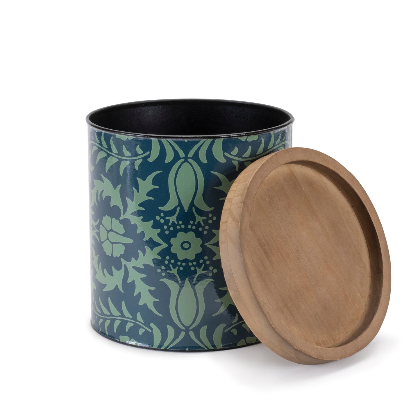 modern floral designed storage canister with wood lid mad of iron
