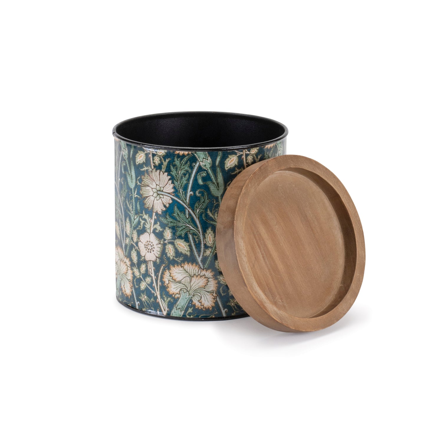 A set of three storage canisters in varying sizes with wood lids, adorned with a green floral pattern, displayed on a kitchen counter.