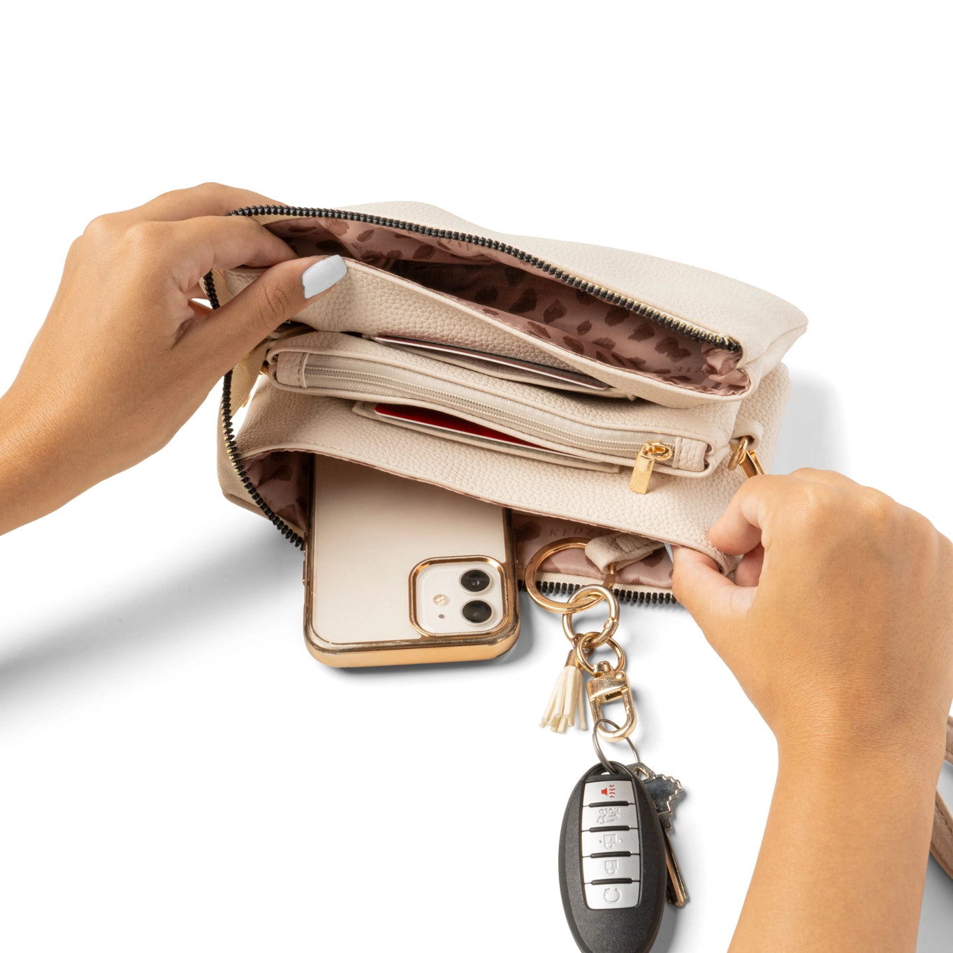 cream kedzie wallet purse inside view with pockets and cheetah print interior