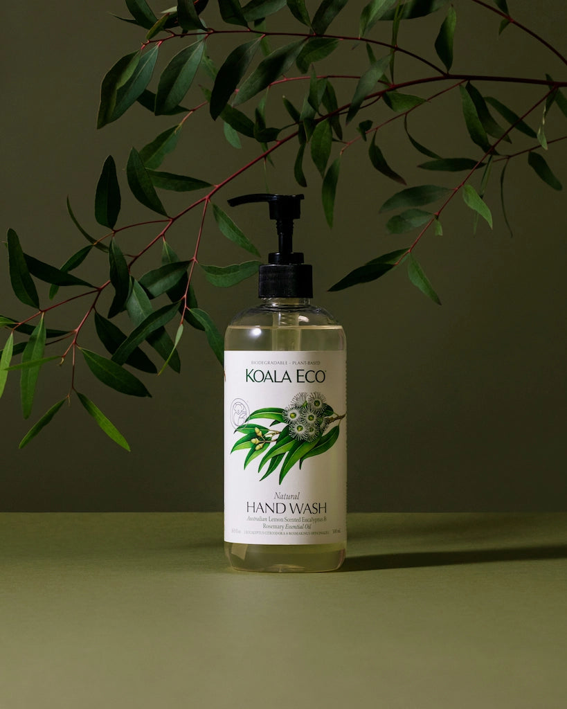 Koala Eco hand wash bottle with green leaves in the background