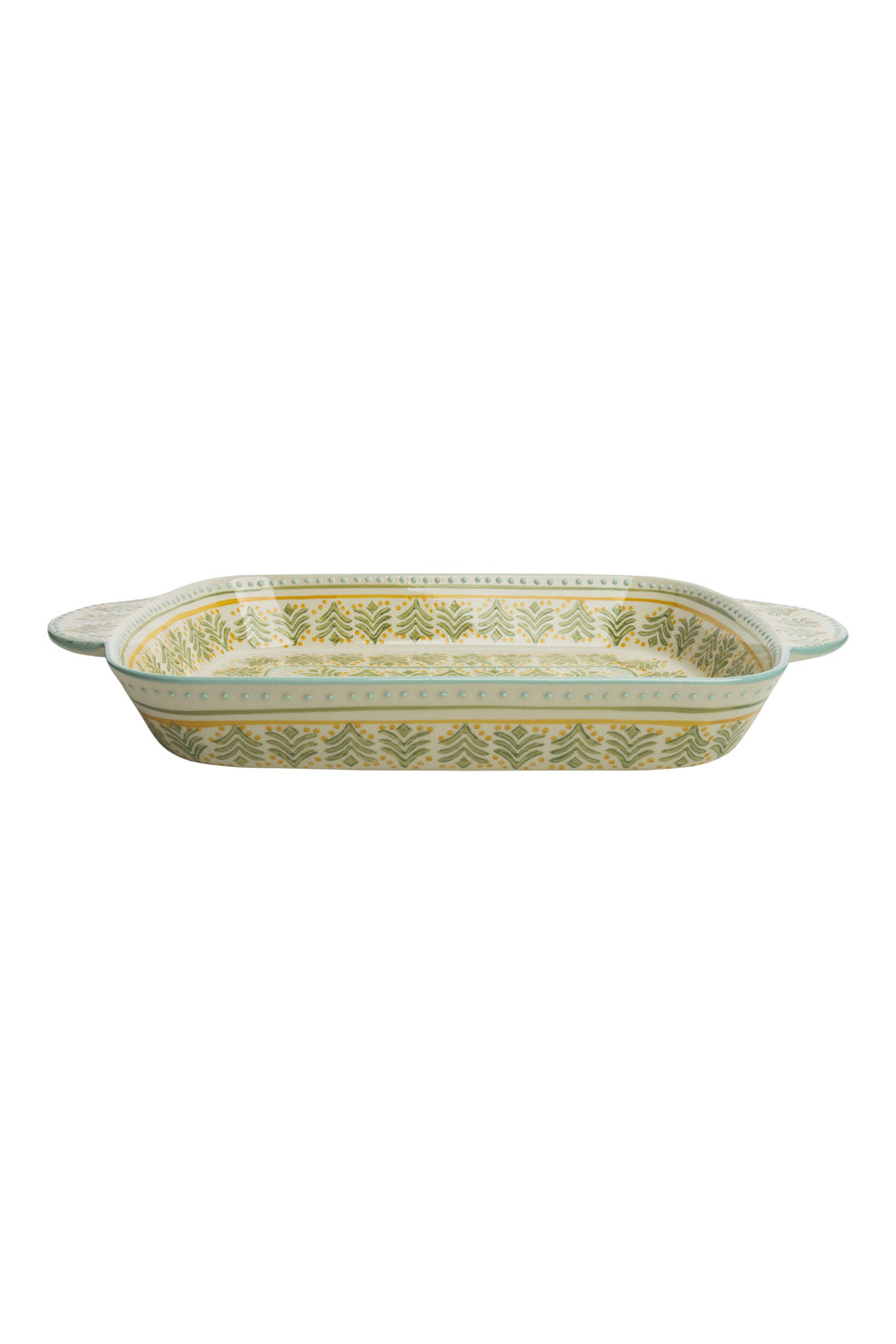 Rectangular ceramic baking dish with decorative patterns on a white background
