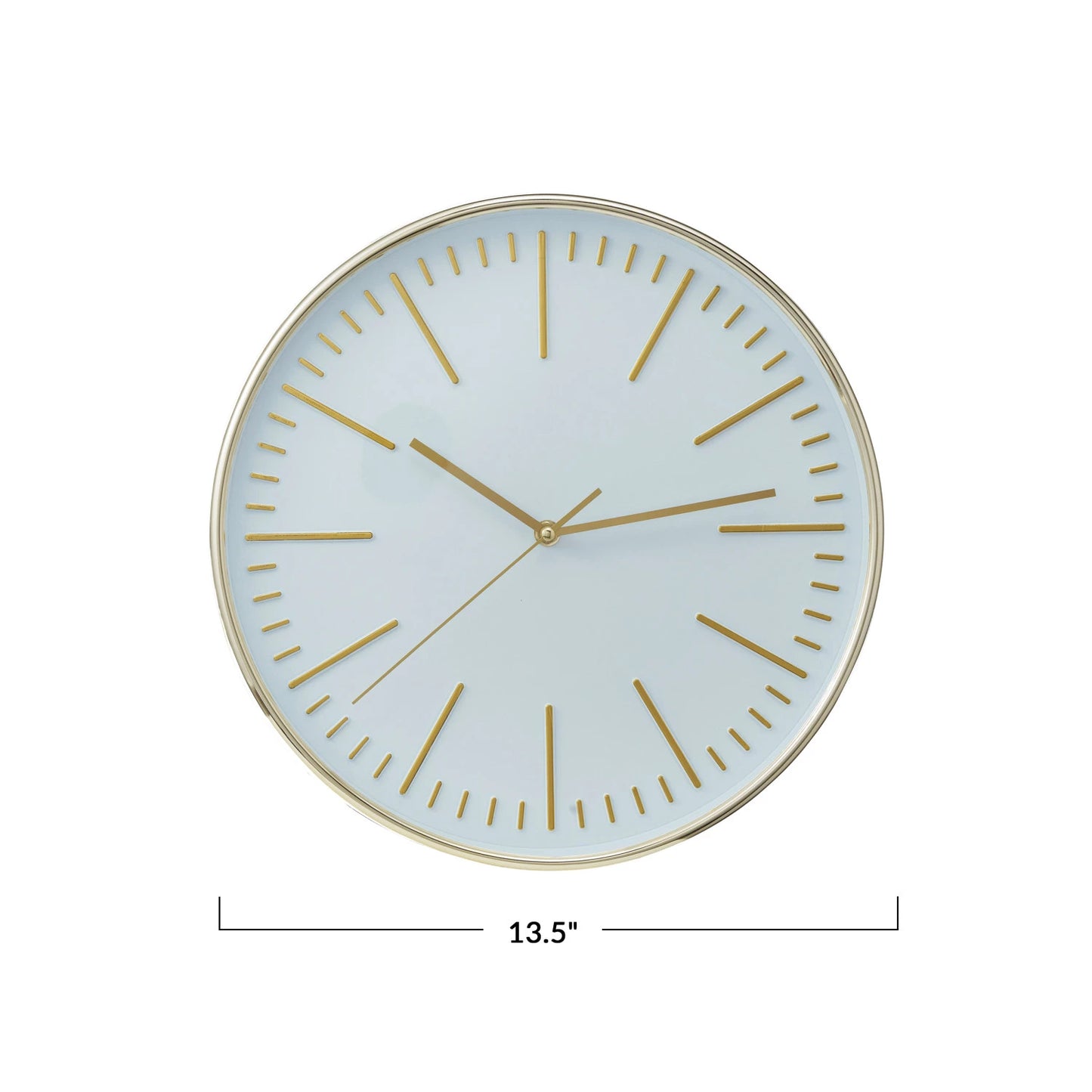 A round white and gold wall clock with a minimalistic design, featuring minute lines without numbers, and a gold metallic frame.