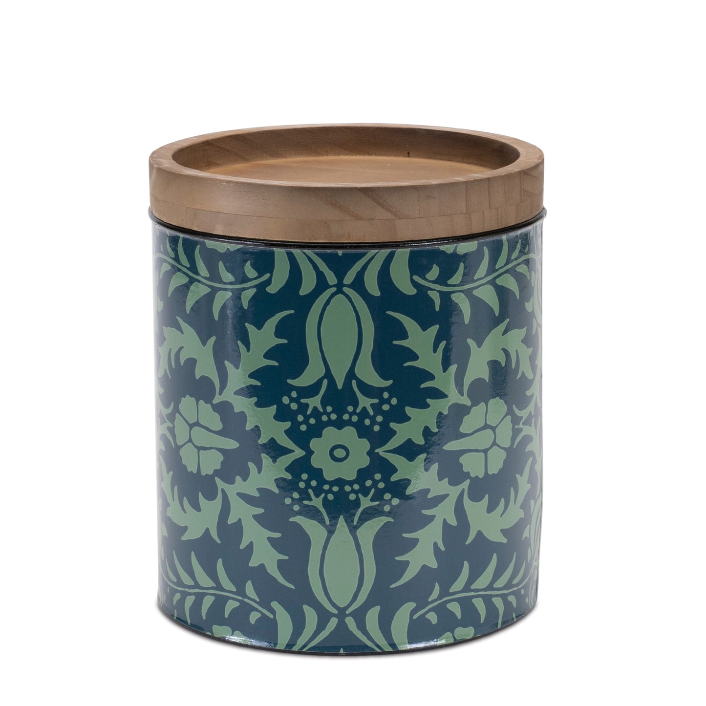 Three sizes, storage canisters in varying sizes with wood lids, adorned with a green floral pattern, displayed on a kitchen counter.
