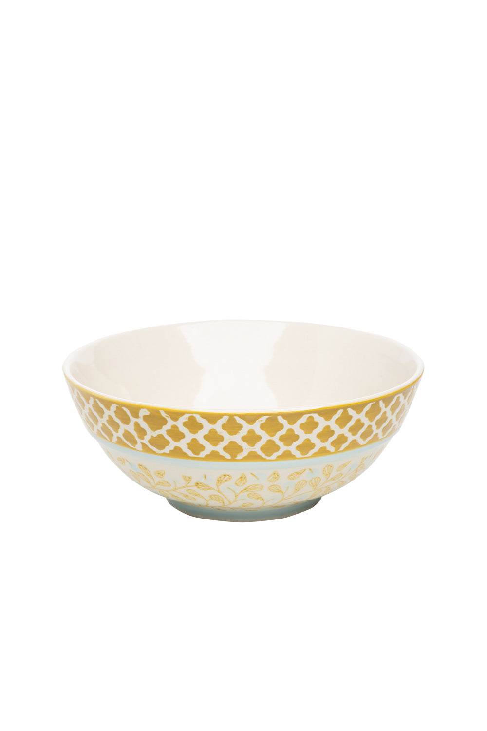 stoneware front of bowl with yellow and blue print design