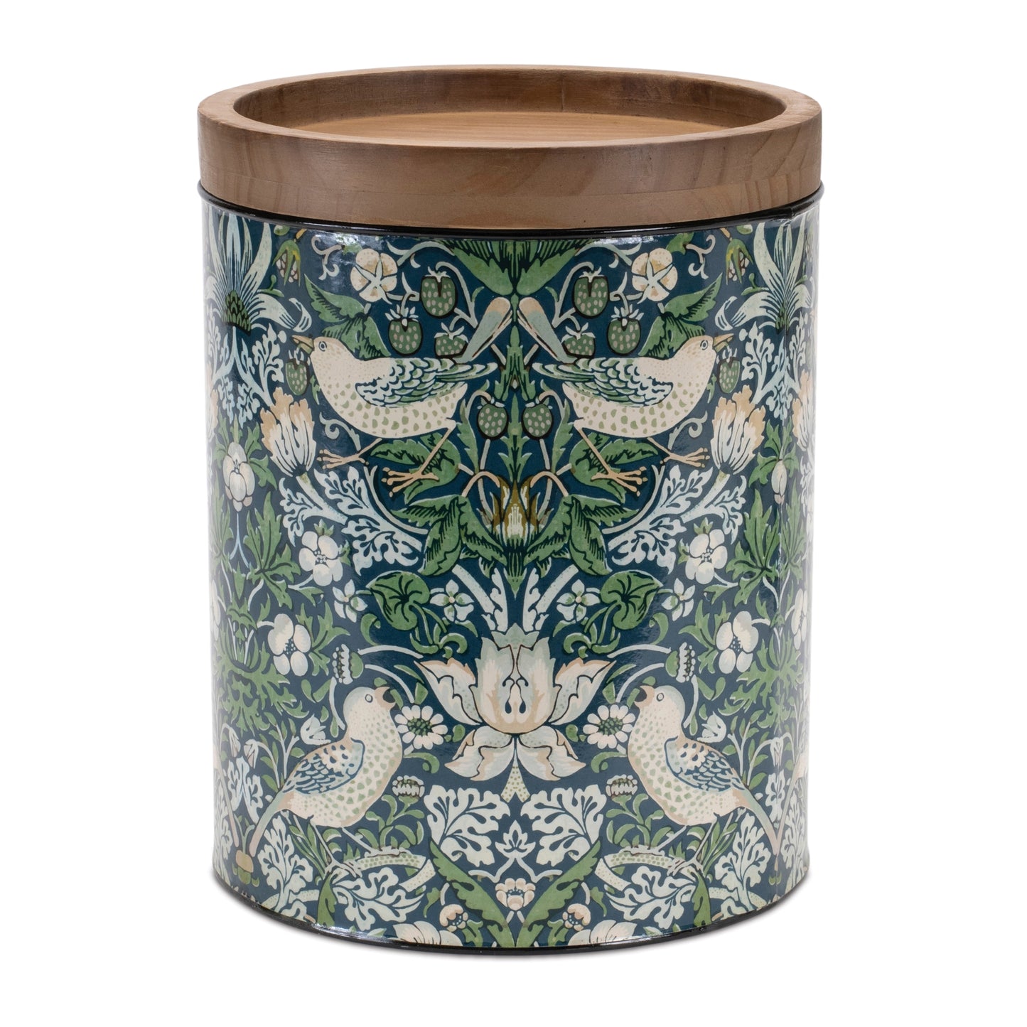 Storage canisters in varying sizes with wood lids, adorned with a green floral pattern, displayed on a kitchen counter.