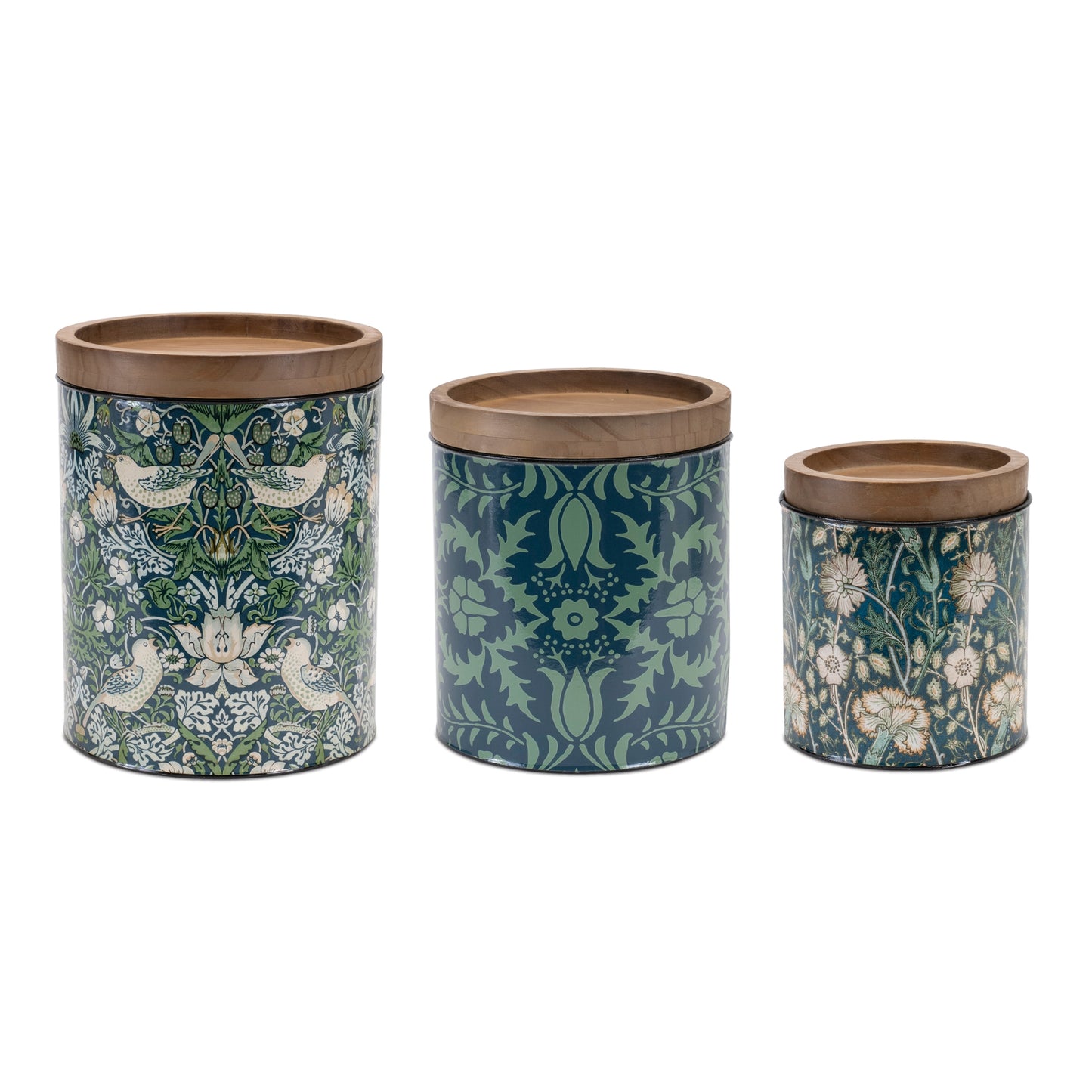 floral modern kitchen storage canisters for organization or dry food storage made of iron with wood lid