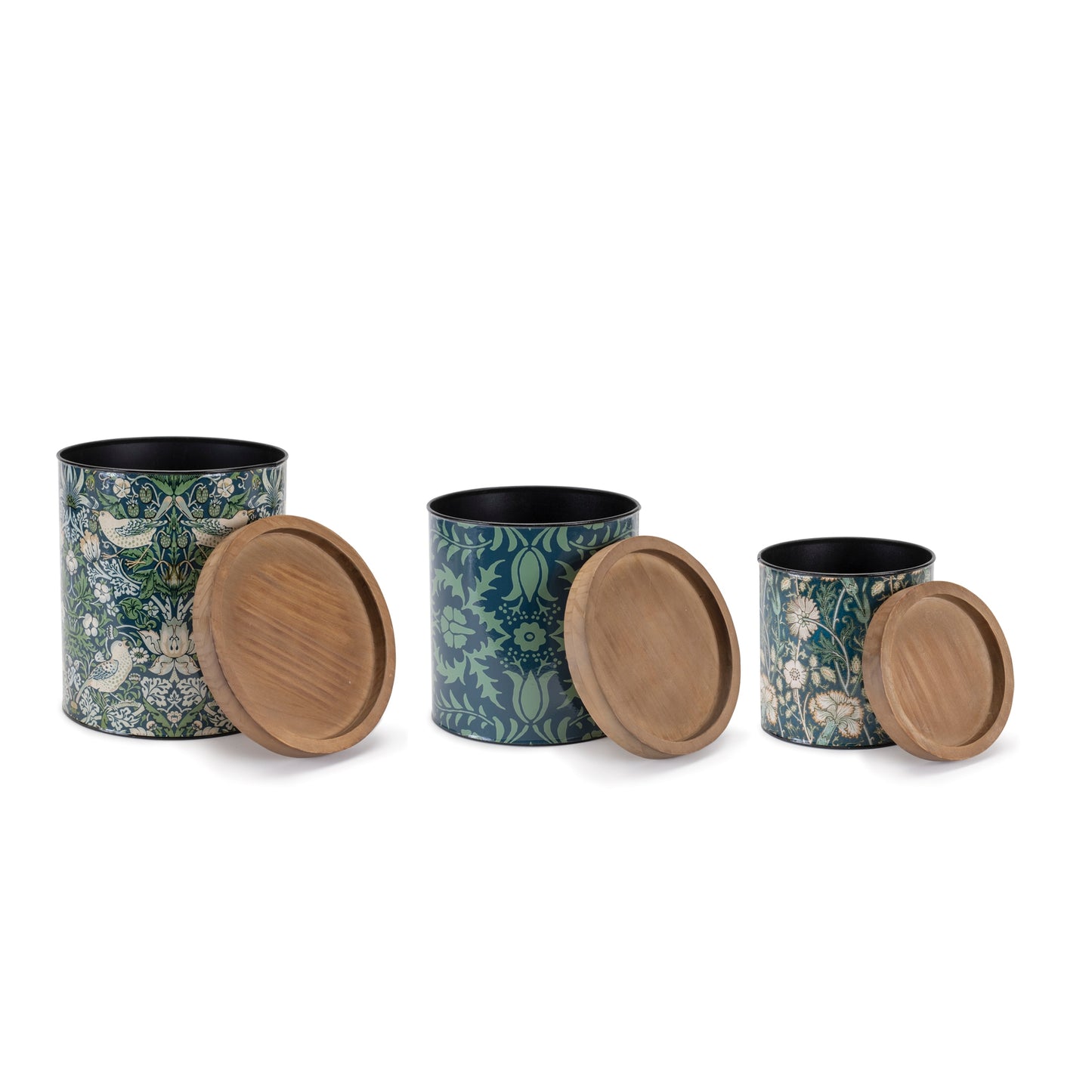 three floral printed green storage containers for kitchen organization and utensil storage with wood lids in three sizes