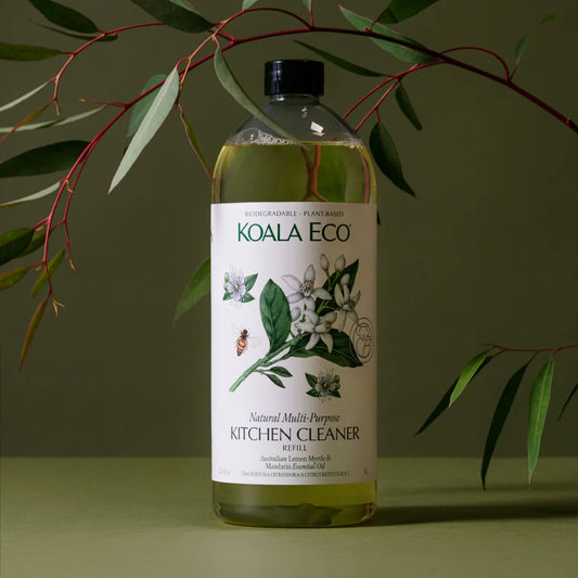 chemical free home cleaning product on green background with olive branch