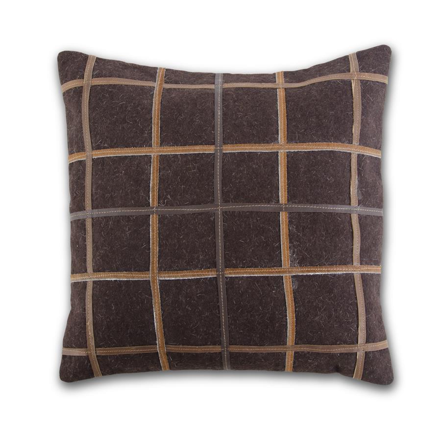 Brown Hide and Leather Grid Wool Pillow