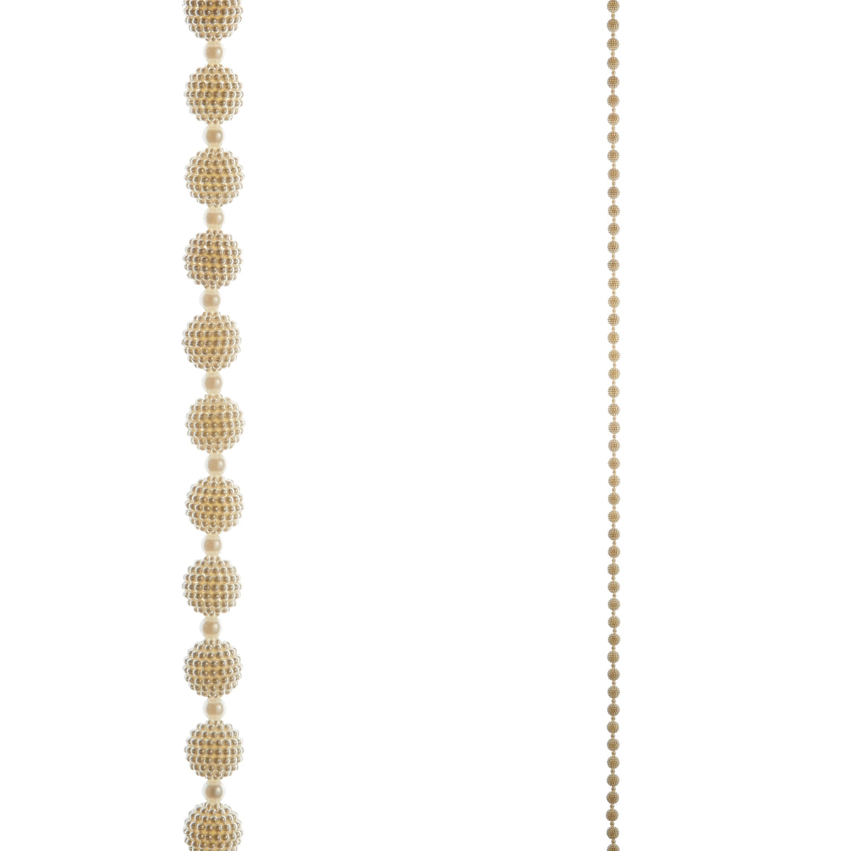 Pearl bead garland with small round beads, single long hanging strand.