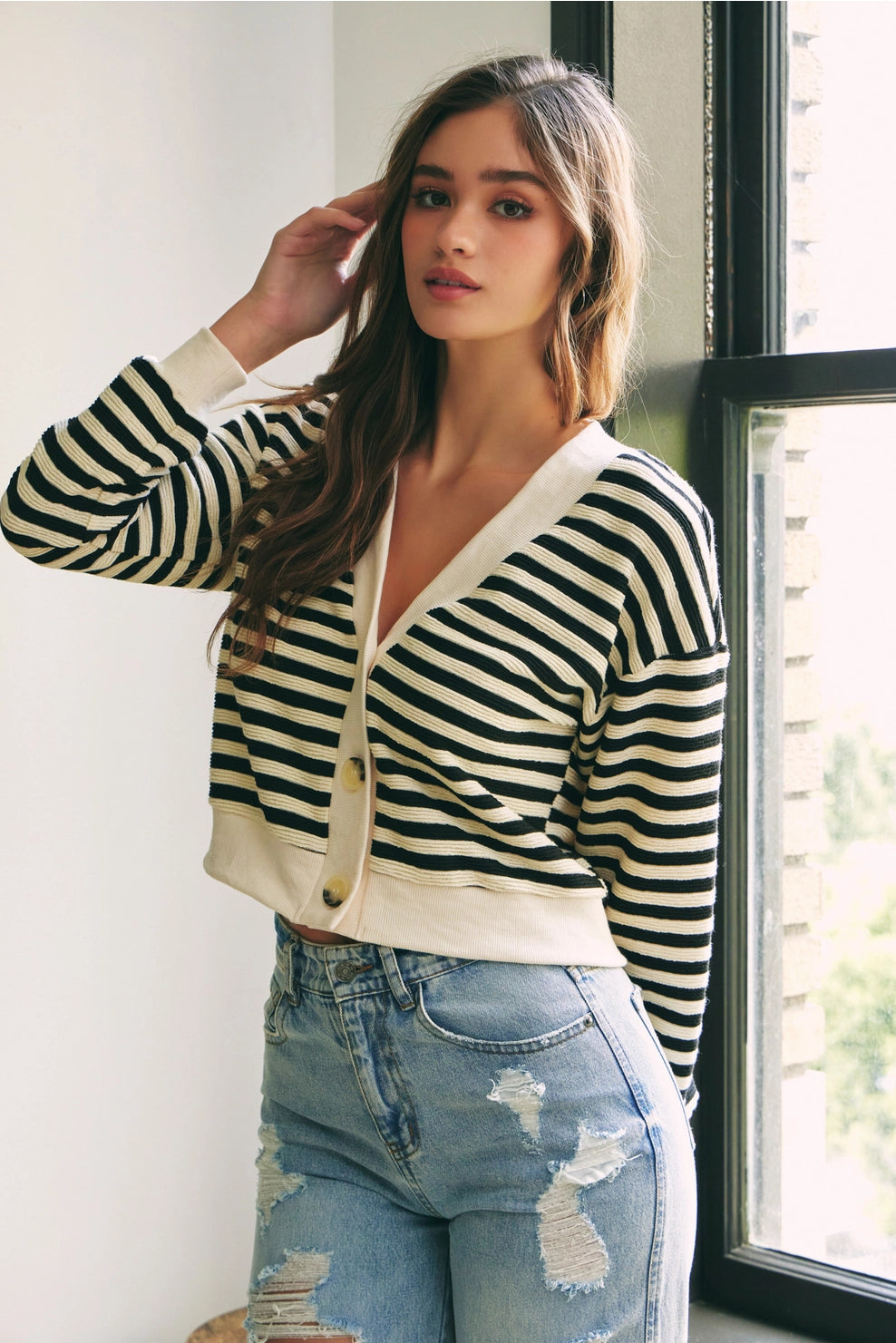 Textured Stripe Cardigan Top