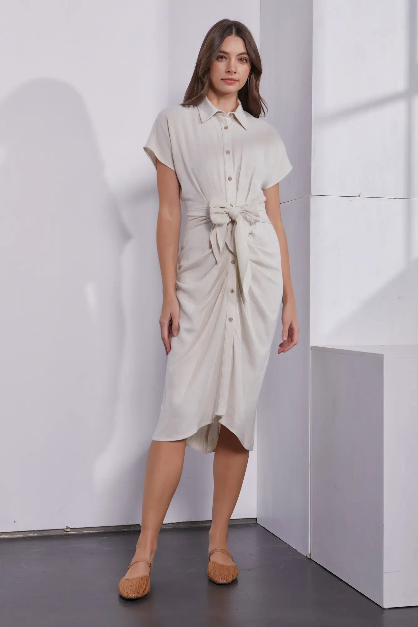 Ruched Tied Shirt Dress