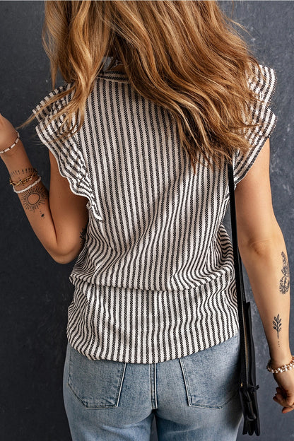 Gray Crew Neck Ruffled Stripe Tank