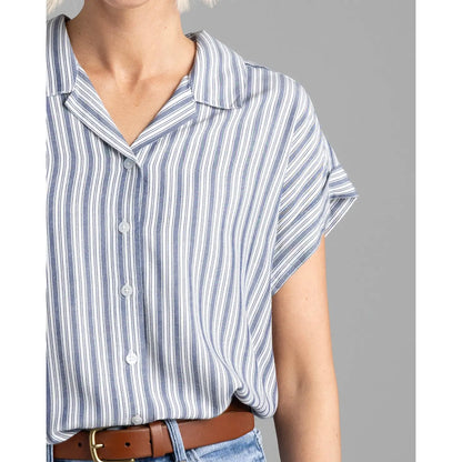 close up detail shot of willlow striped blouse with rolled short sleeve and jeans with a brown belt