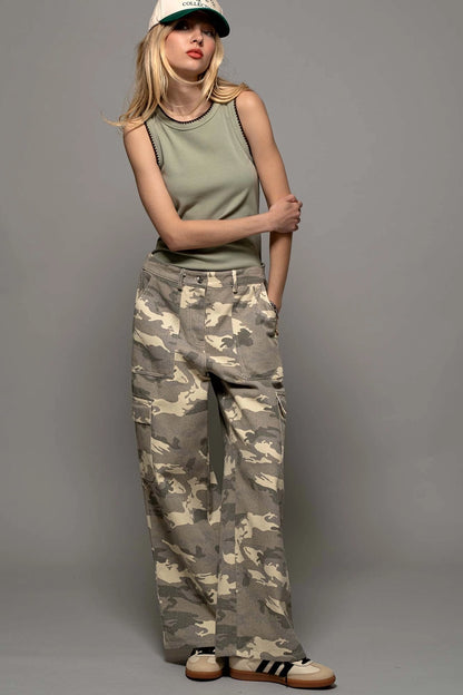 model wearing green ribbed tank with trim detail and ballcap casual outfit idea with tanktop