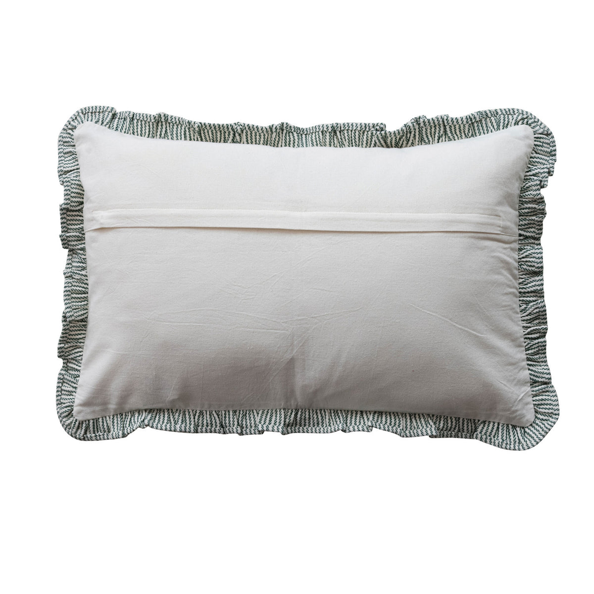 Woven ruffle pillow back in off-white with light blue striped ruffle trim