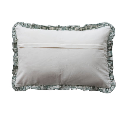 Woven ruffle pillow back in off-white with light blue striped ruffle trim