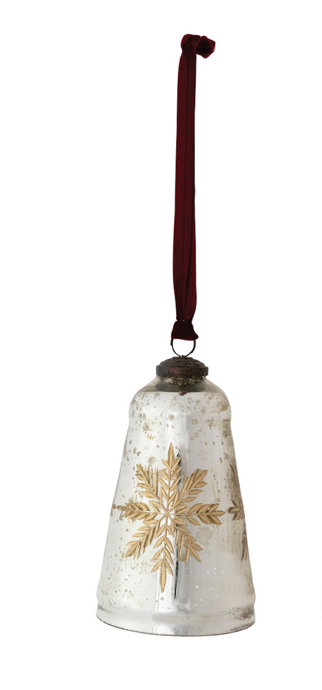 Etched mercury glass bell with burgundy velvet ribbon and gold leaf-like pattern