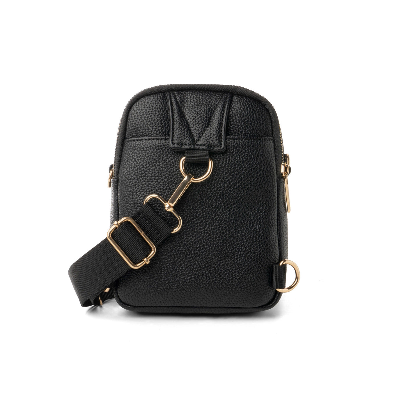 A black vegan leather convertible crossbody bag with a adjustable strap and gold-tone hardware.