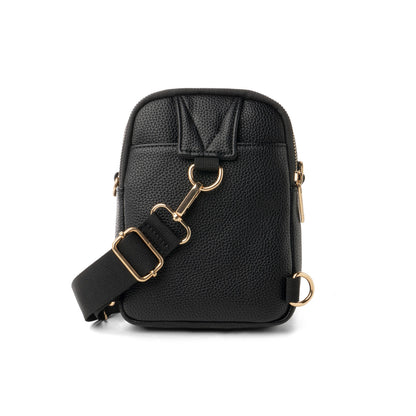 A black vegan leather convertible crossbody bag with a adjustable strap and gold-tone hardware.