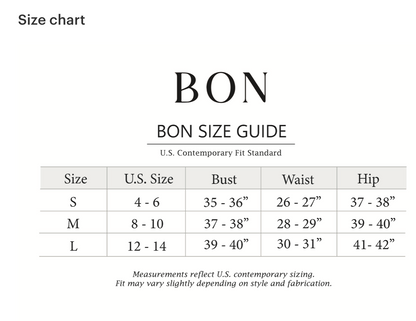 BON size guide chart with bust, waist, hip measurements for S to L