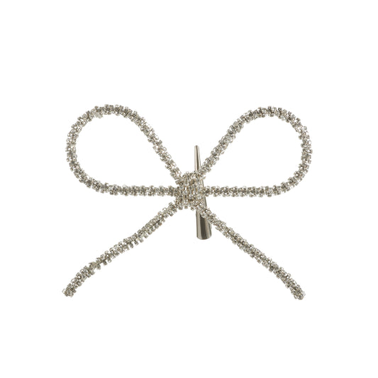 Rhinestone jewel bow clip ornament with crisscross ribbon loops and silver clasp