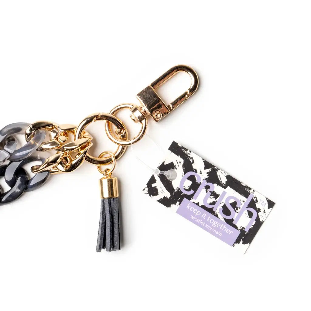 black close up of acrylic keychain with easy swivel clip