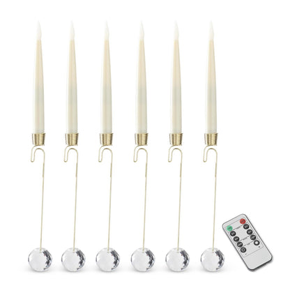 Set of 6 LED taper hanging pendants with clear glass holders, cream flames, remote