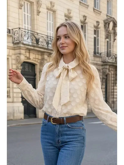 Tie Neck Polka Dot Puff Sleeve Blouse