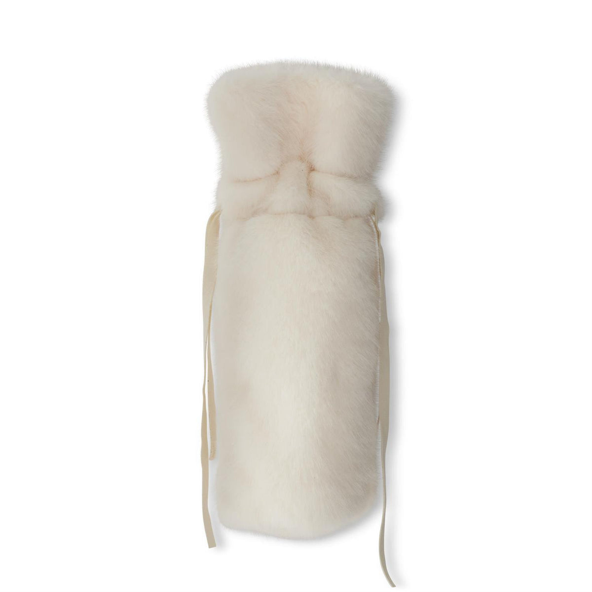 Vegan faux fur wine bag in light white, bottle-shaped with drawstring ties