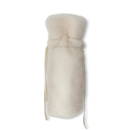 Vegan faux fur wine bag in light white, bottle-shaped with drawstring ties