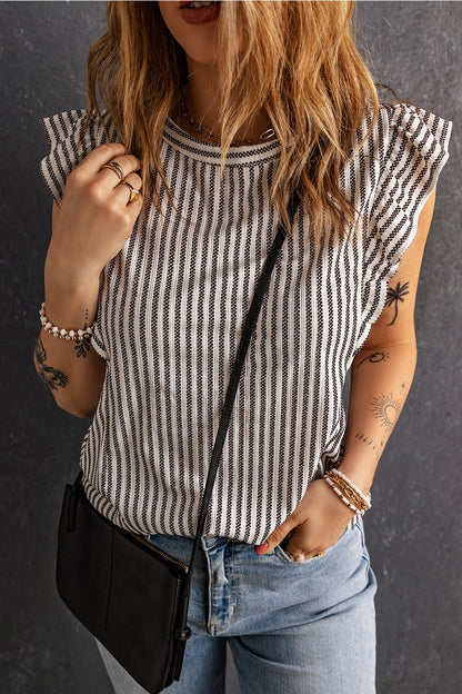 Gray Crew Neck Ruffled Stripe Tank