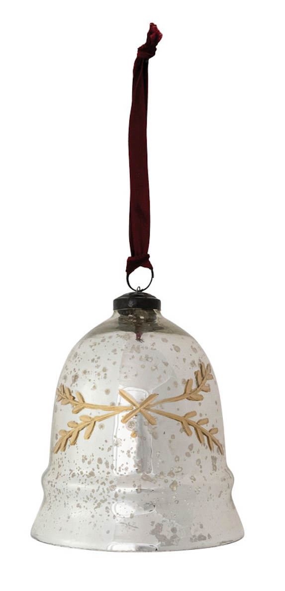 Etched mercury glass bell ornament with burgundy velvet ribbon and gold starburst motif