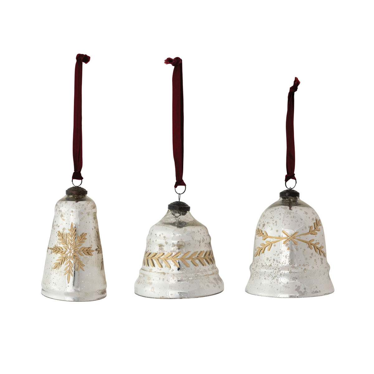 Etched mercury glass bell ornament set with burgundy velvet ribbons, gold snowflake accents