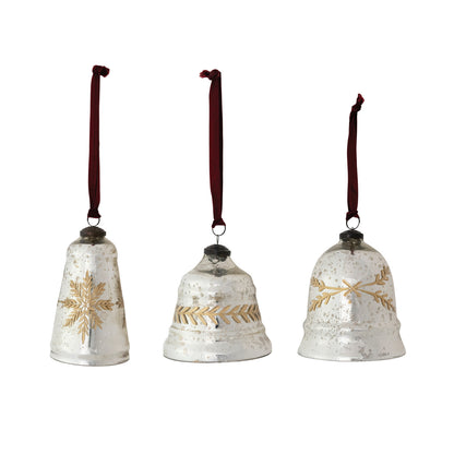 Etched mercury glass bell ornament set with burgundy velvet ribbons, gold snowflake accents