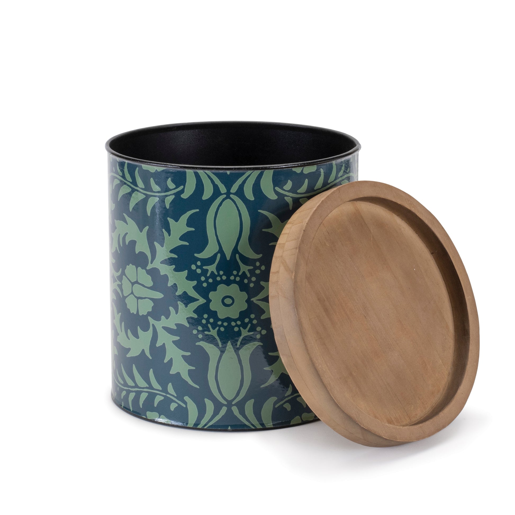 modern floral designed storage canister with wood lid mad of iron