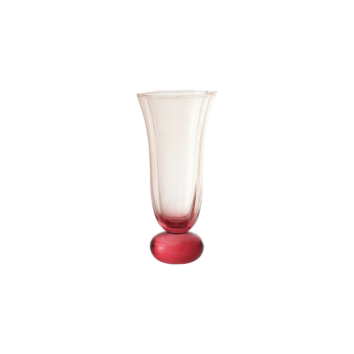 Pink fluted drinking glass with ball stem, clear cup and pink base