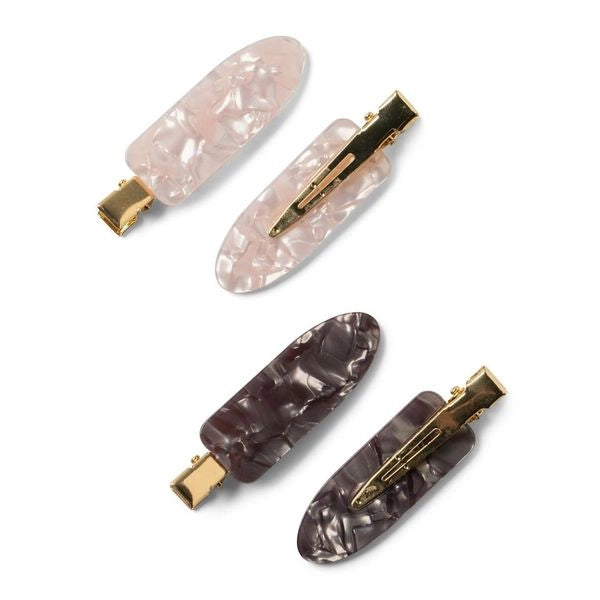 A set of four hair clips in two colors, gray and pink, with a marbled design and metallic gold clasps. showing front and back of clips
